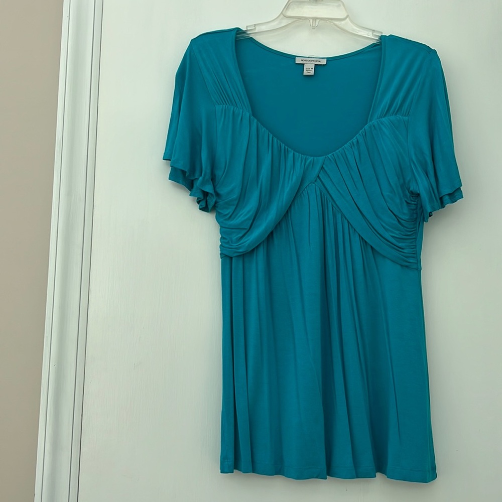 Boston Proper Blue Ruched Bust Flutter Sleeves Fit & Flare Sweatheart neck Top
